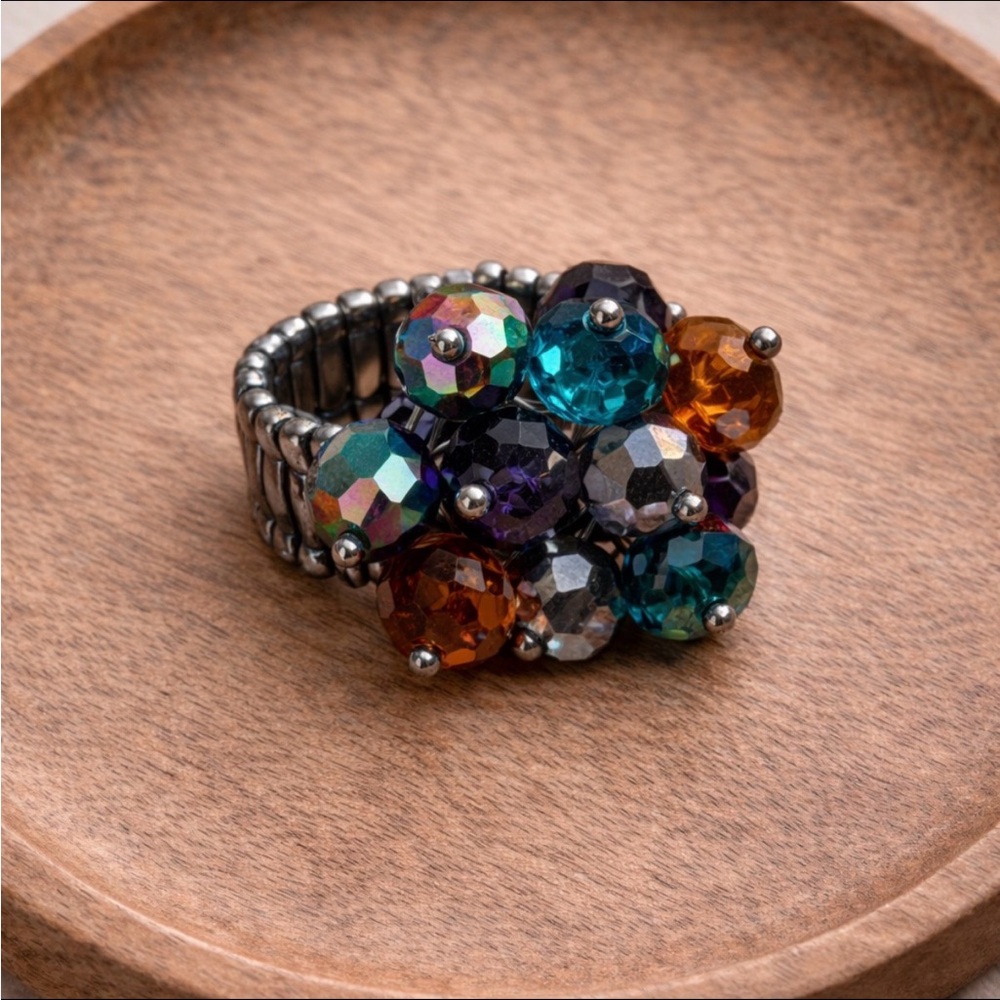 Vintage Artisan Stretch Beaded Ring | Iridescent Crystal Cluster Statement Ring